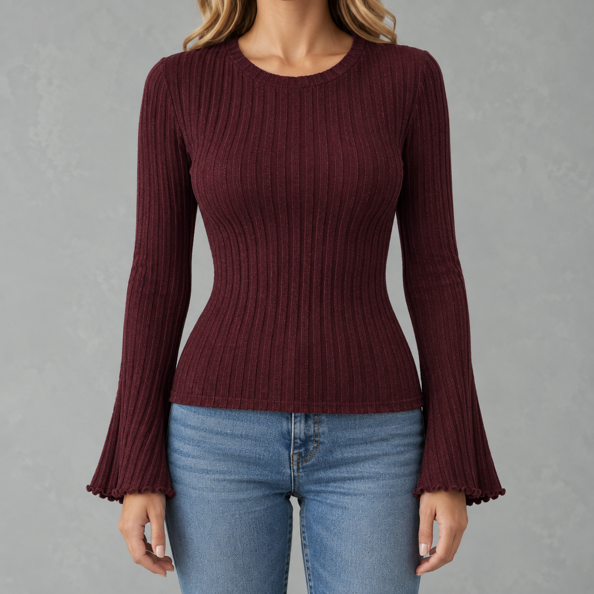 Women’s Ribbed Top – Brushed Crew Neck Long Sleeve Fitted Jumper