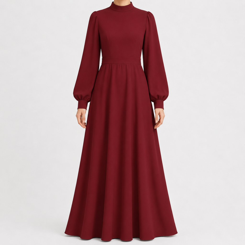 Women’s Maxi Dress – High Waist Lantern Sleeve Long Dress