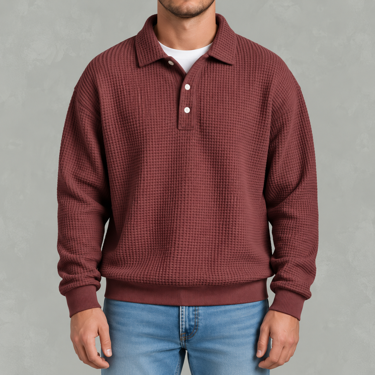Men’s Long Sleeve Polo Shirt – Waffle Knit Retro Short Sleeve Textured Top