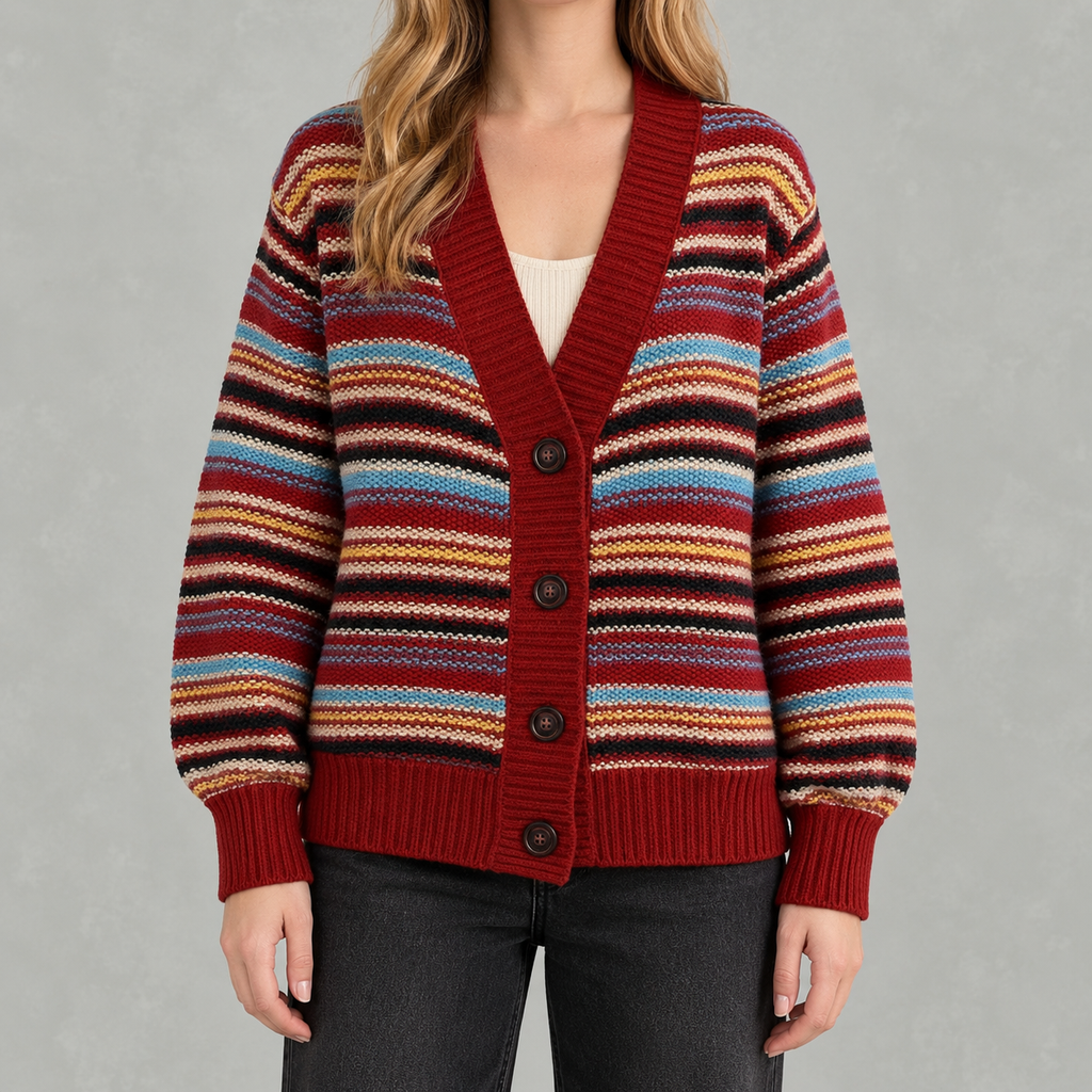 Women’s Striped Cardigan – Loose Fit V Neck Colour Block Knit Pullover
