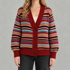 Women’s Striped Cardigan – Loose Fit V Neck Colour Block Knit Pullover