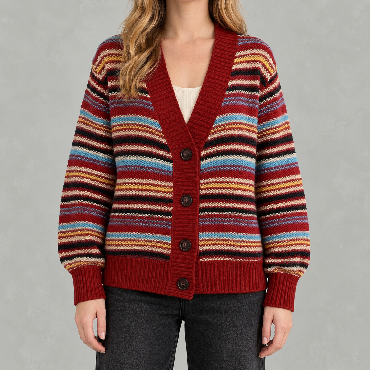 Women’s Striped Cardigan – Loose Fit V Neck Colour Block Knit Pullover