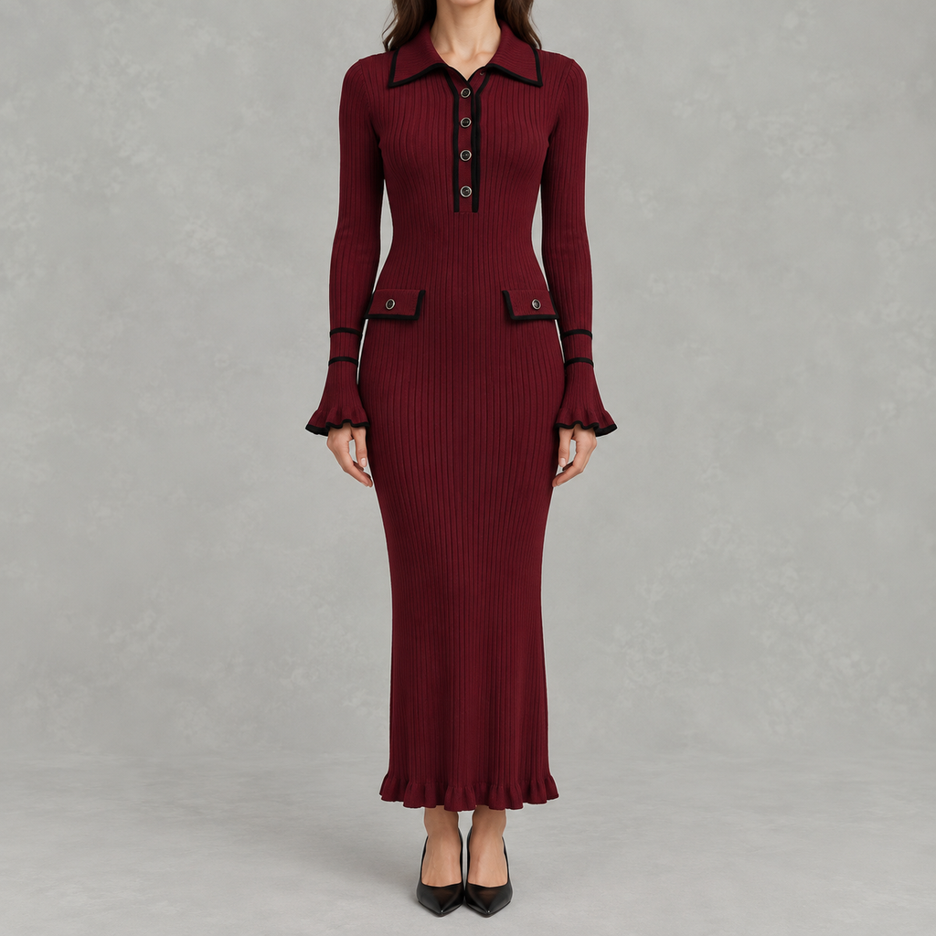 Women’s Knit Dress – French-Inspired Ruffled Midi Dress