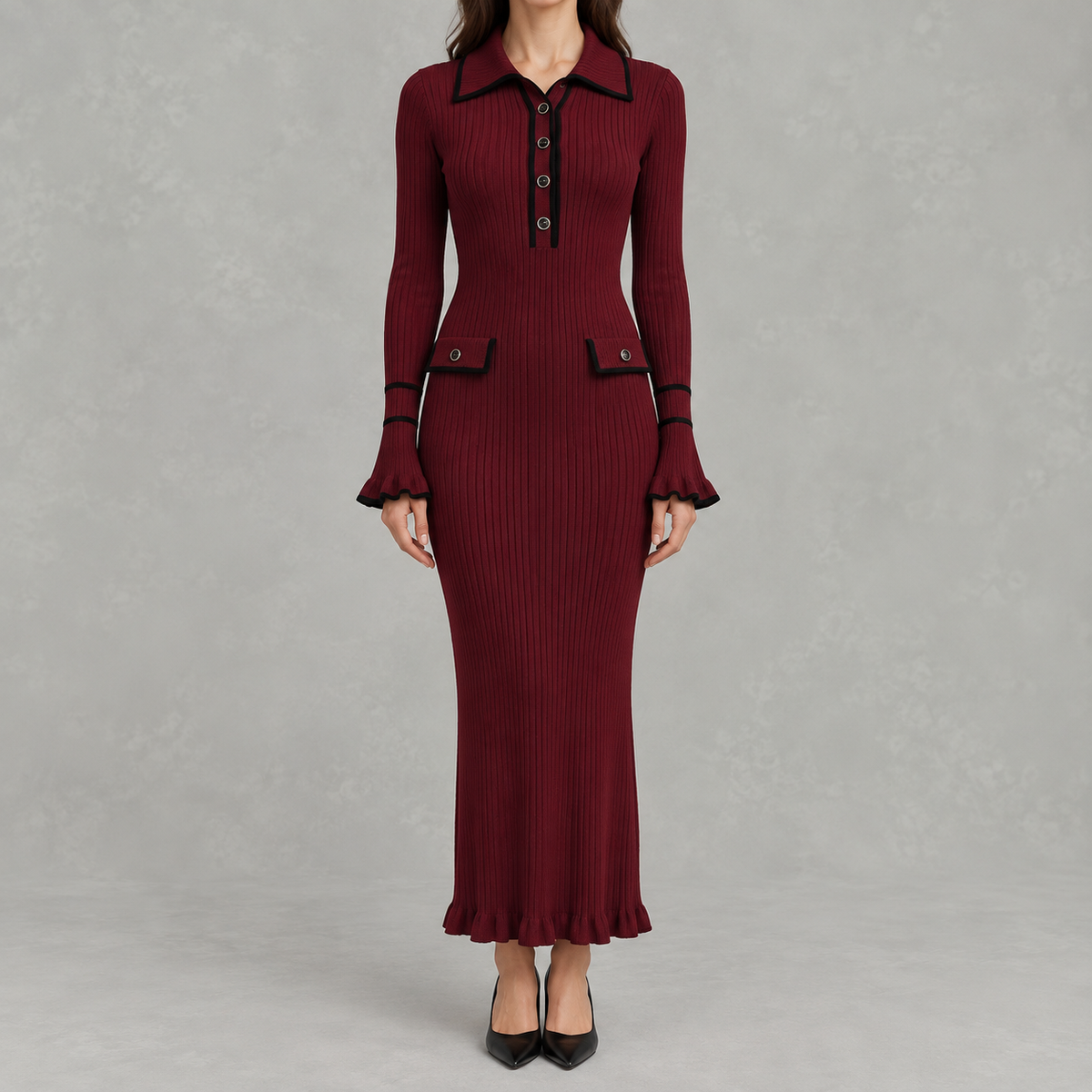 Women’s Knit Dress – French-Inspired Ruffled Midi Dress