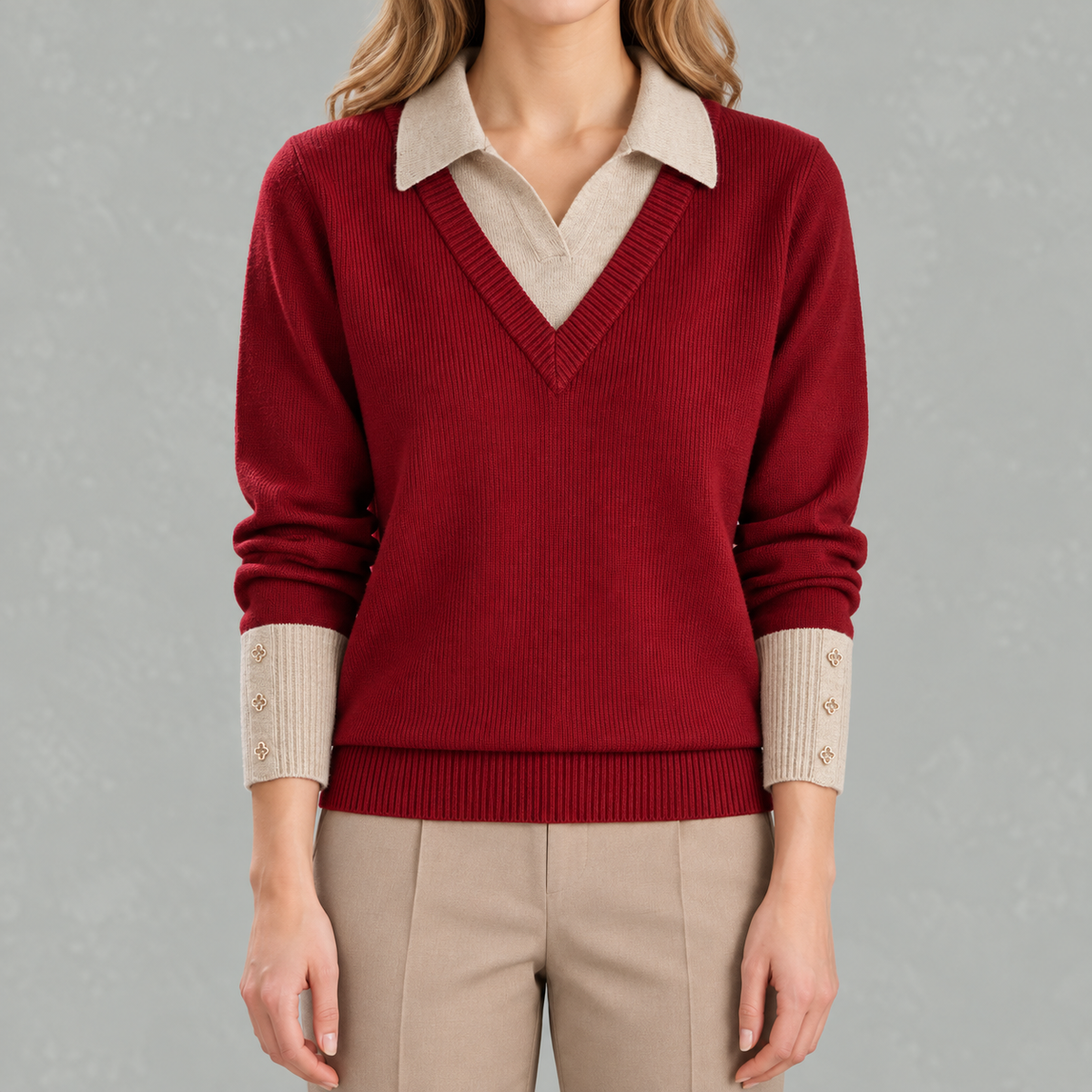 Women’s Shirt – Long Sleeve Knitted Jumper Polo Style Layering Top