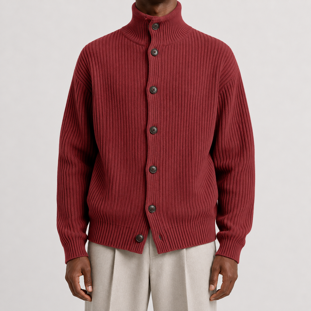 Men’s Roll Neck Cardigan – Knitted High Neck Button Front Jumper