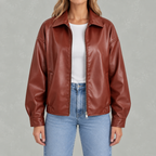 Women’s Leather Jacket – Retro Biker Lapel Jacket with Zip Fastening