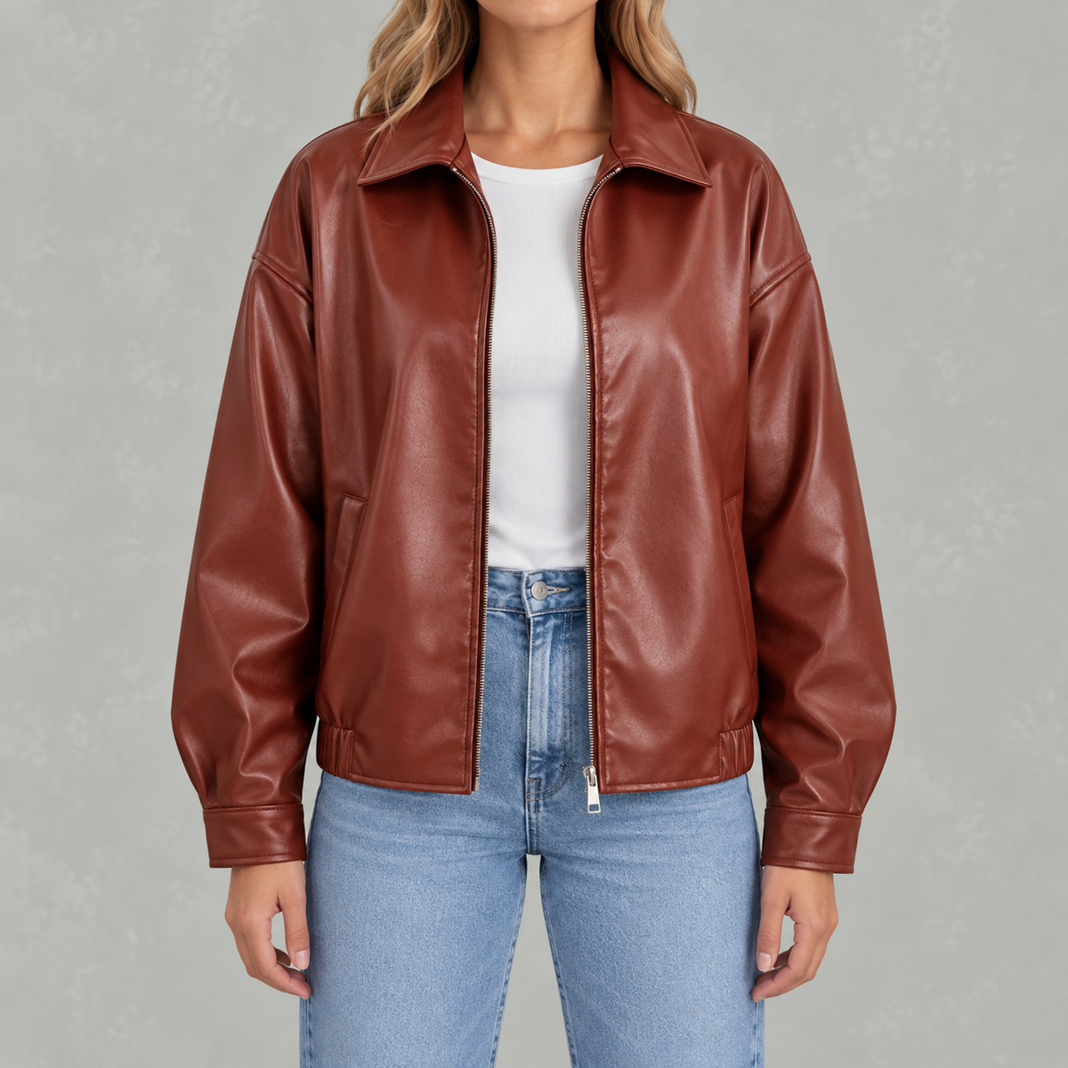 Women’s Leather Jacket – Retro Biker Lapel Jacket with Zip Fastening