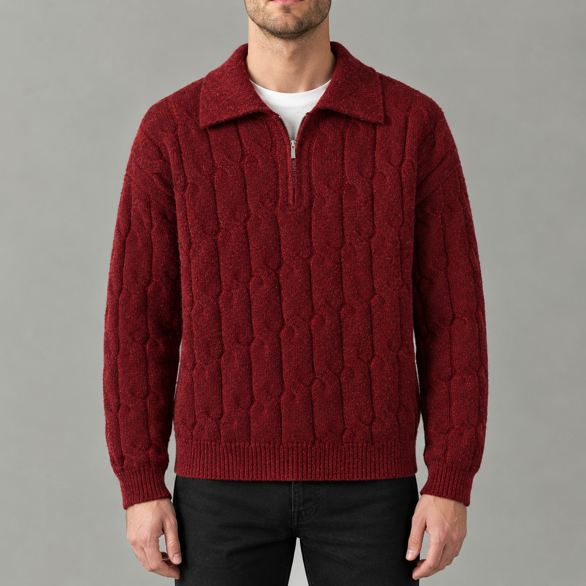 Men’s Cable Knit Jumper – Quarter Zip Loose Fit Ribbed Collared Jumper