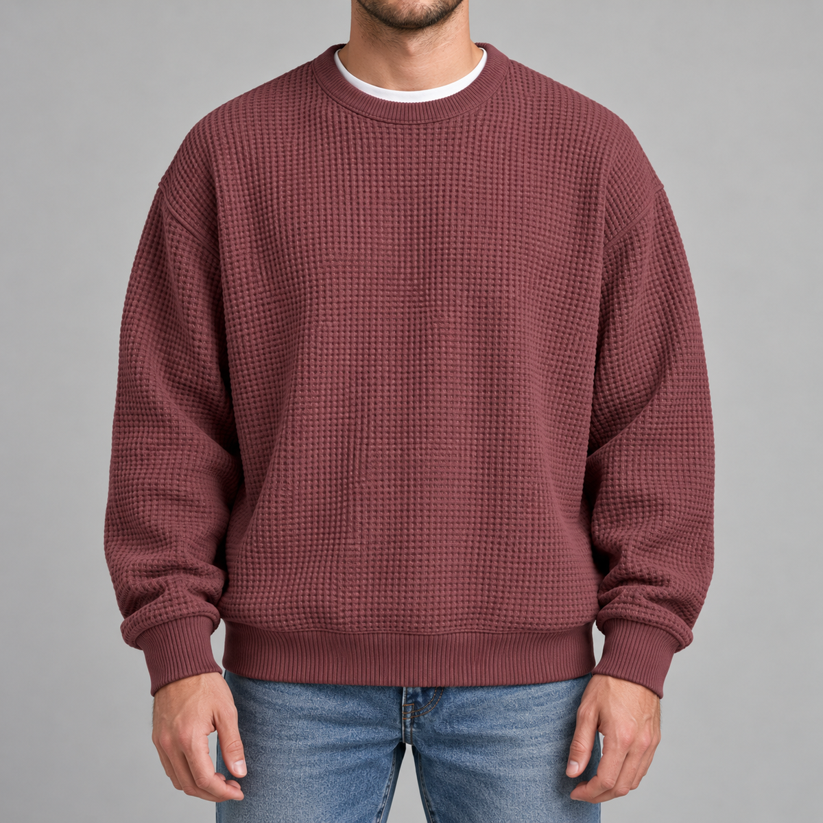 Men’s Waffle Knit Jumper – Relaxed Fit Textured Long Sleeve Pullover