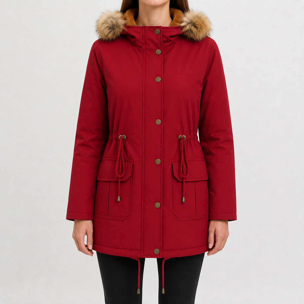 Women’s Padded Coat – Mid-Length Hooded Winter Coat with Faux Fur Trim and Defined Waist
