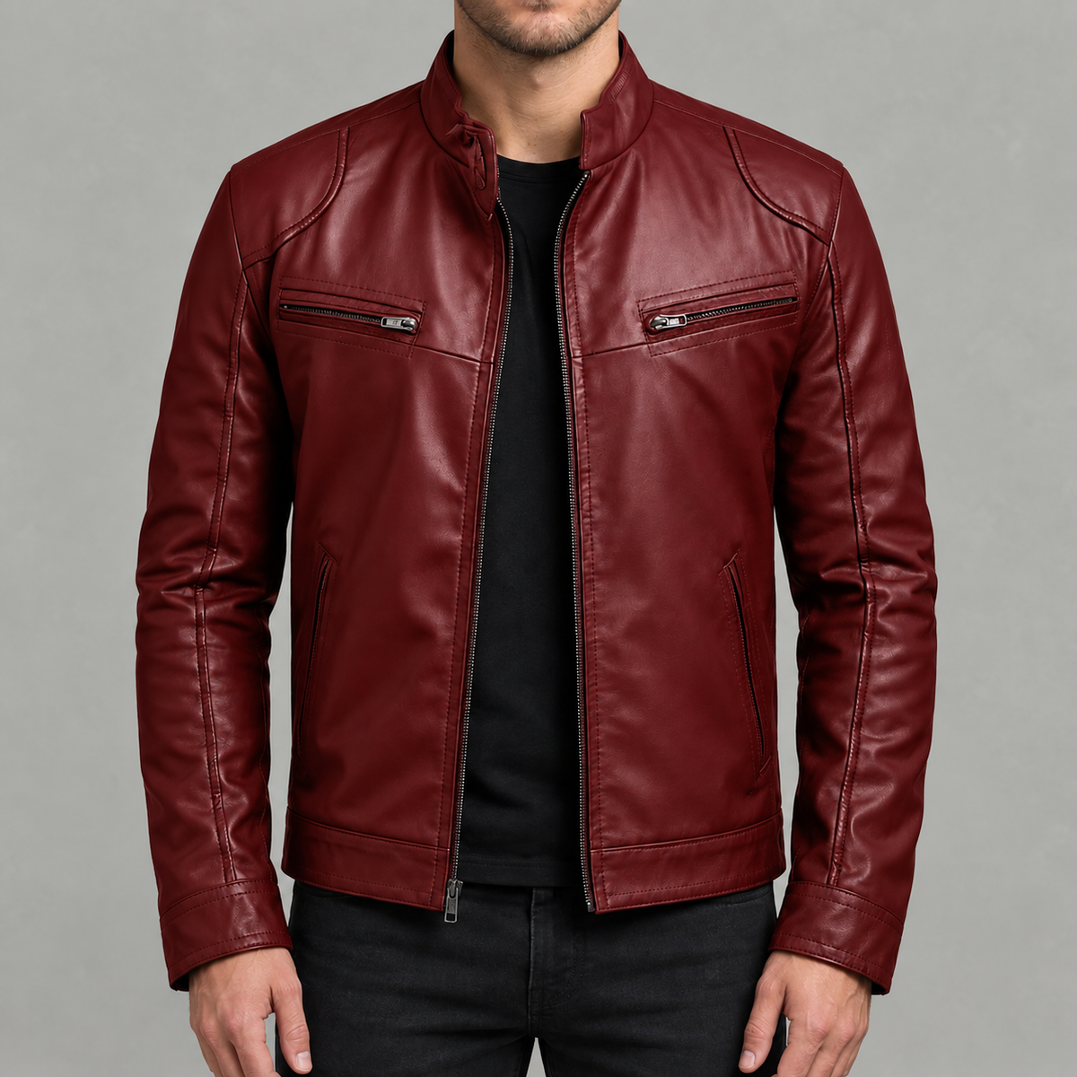 Men’s Leather Jacket – Stand Collar Motorcycle Biker Jacket