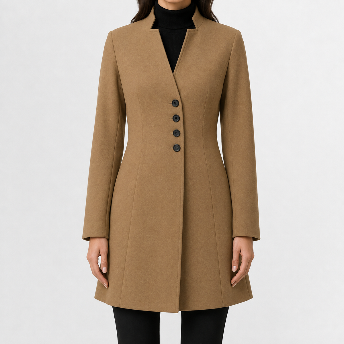 Women’s Trench Coat – Mid-Length Stand Collar Wool-Style Tailored Coat