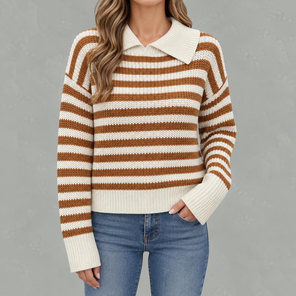 Women’s Striped Jumper – Loose Fit Knitted Polo Collar Long Sleeve Sweater