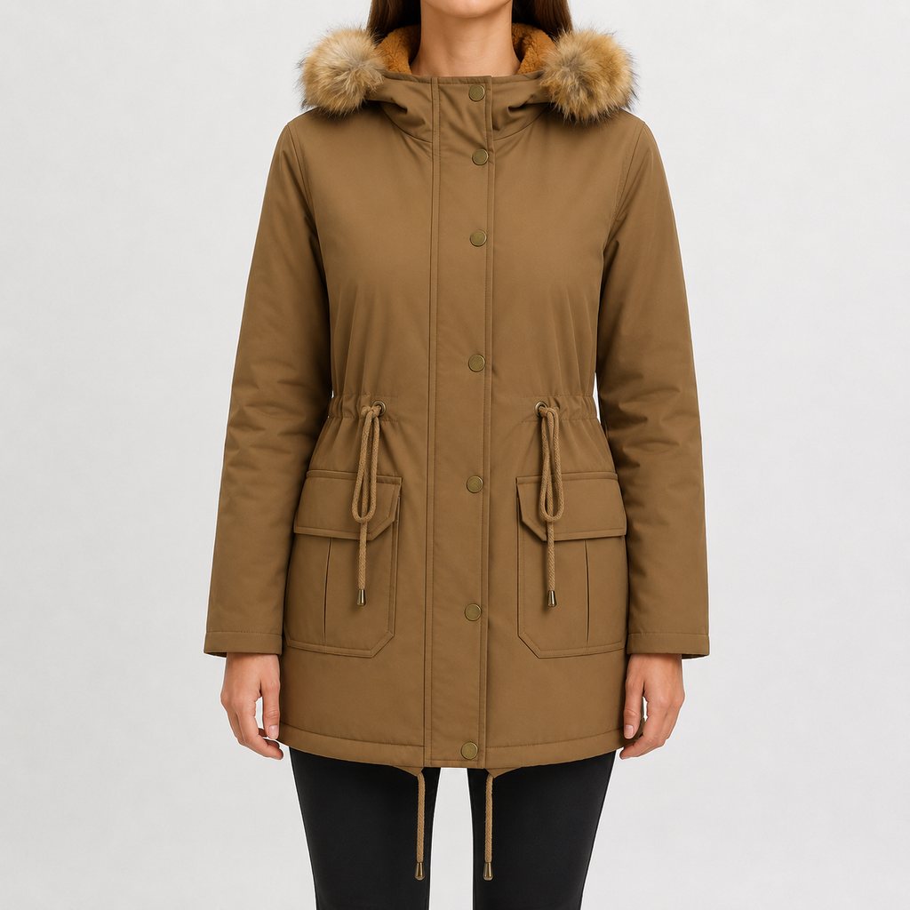 Women’s Padded Coat – Mid-Length Hooded Winter Coat with Faux Fur Trim and Defined Waist