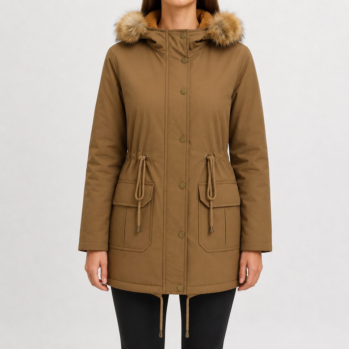Women’s Padded Coat – Mid-Length Hooded Winter Coat with Faux Fur Trim and Defined Waist