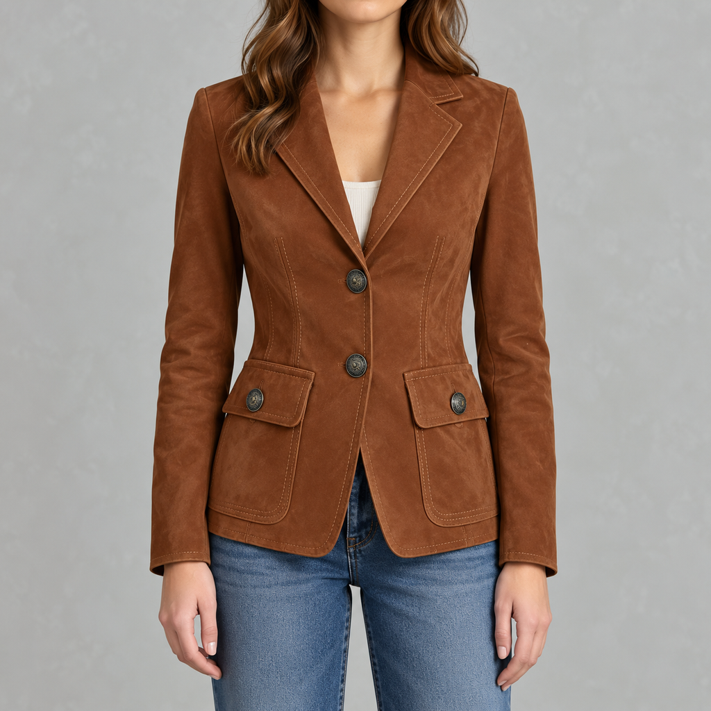 Women’s Suede Blazer – Lapel Collar Tailored Jacket with Soft Suede-Style Finish
