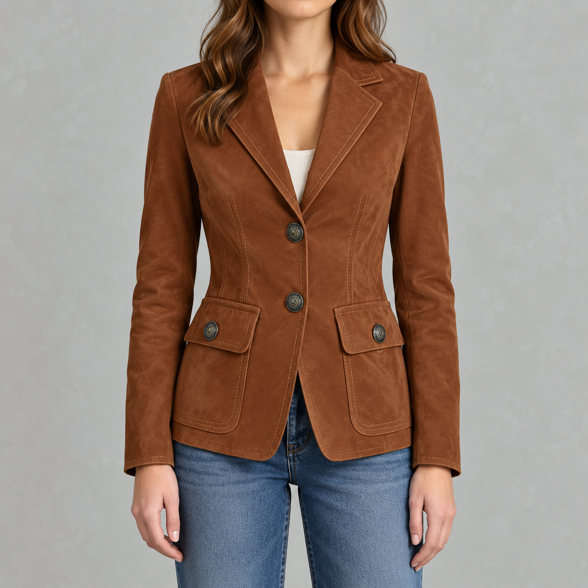Women’s Suede Blazer – Lapel Collar Tailored Jacket with Soft Suede-Style Finish