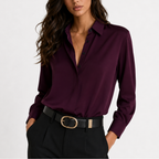 Women’s Button Up Shirt – Loose Fit Solid Colour Lapel Shirt