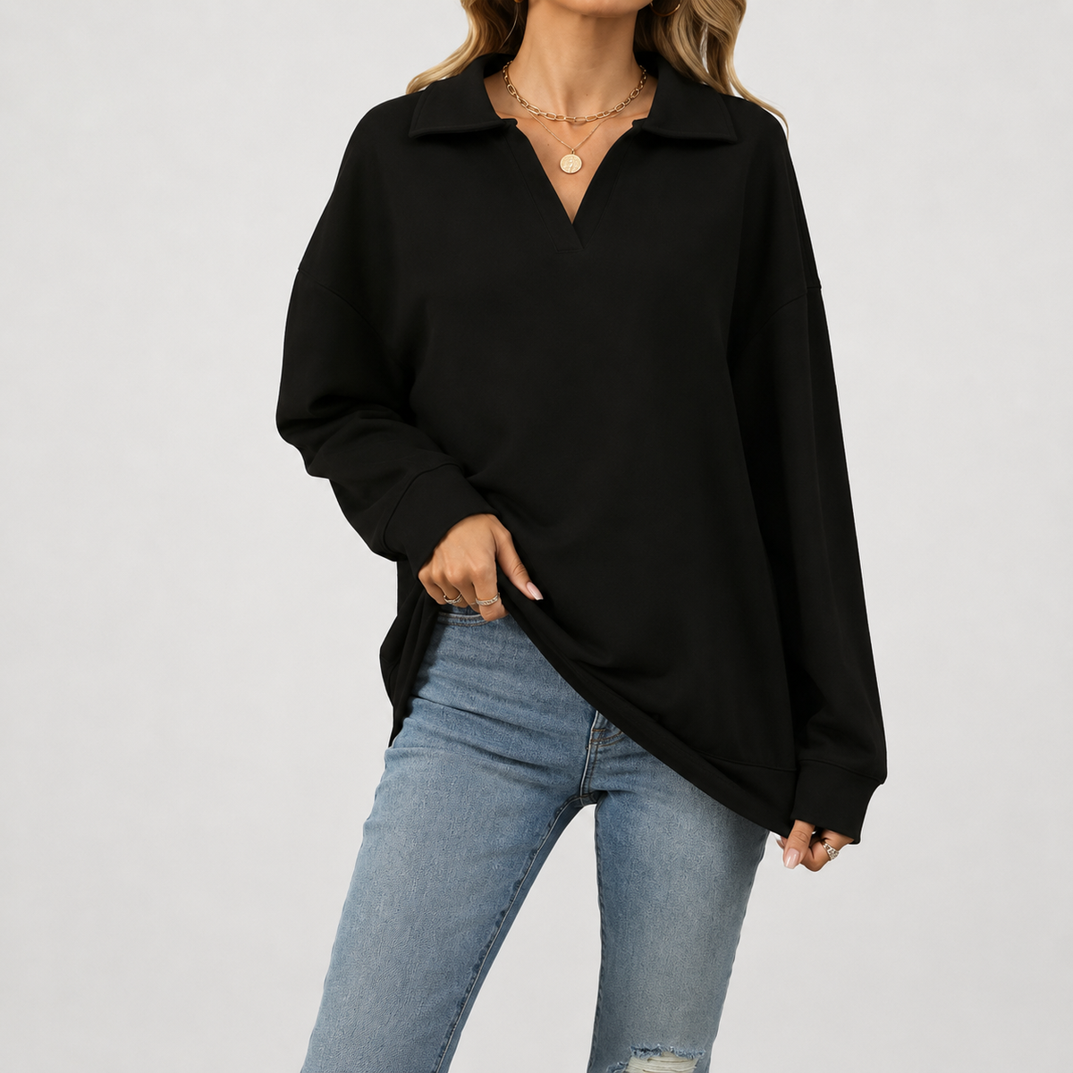 Women’s V Neck Jumper – Loose Fit Long Sleeve Pullover Top
