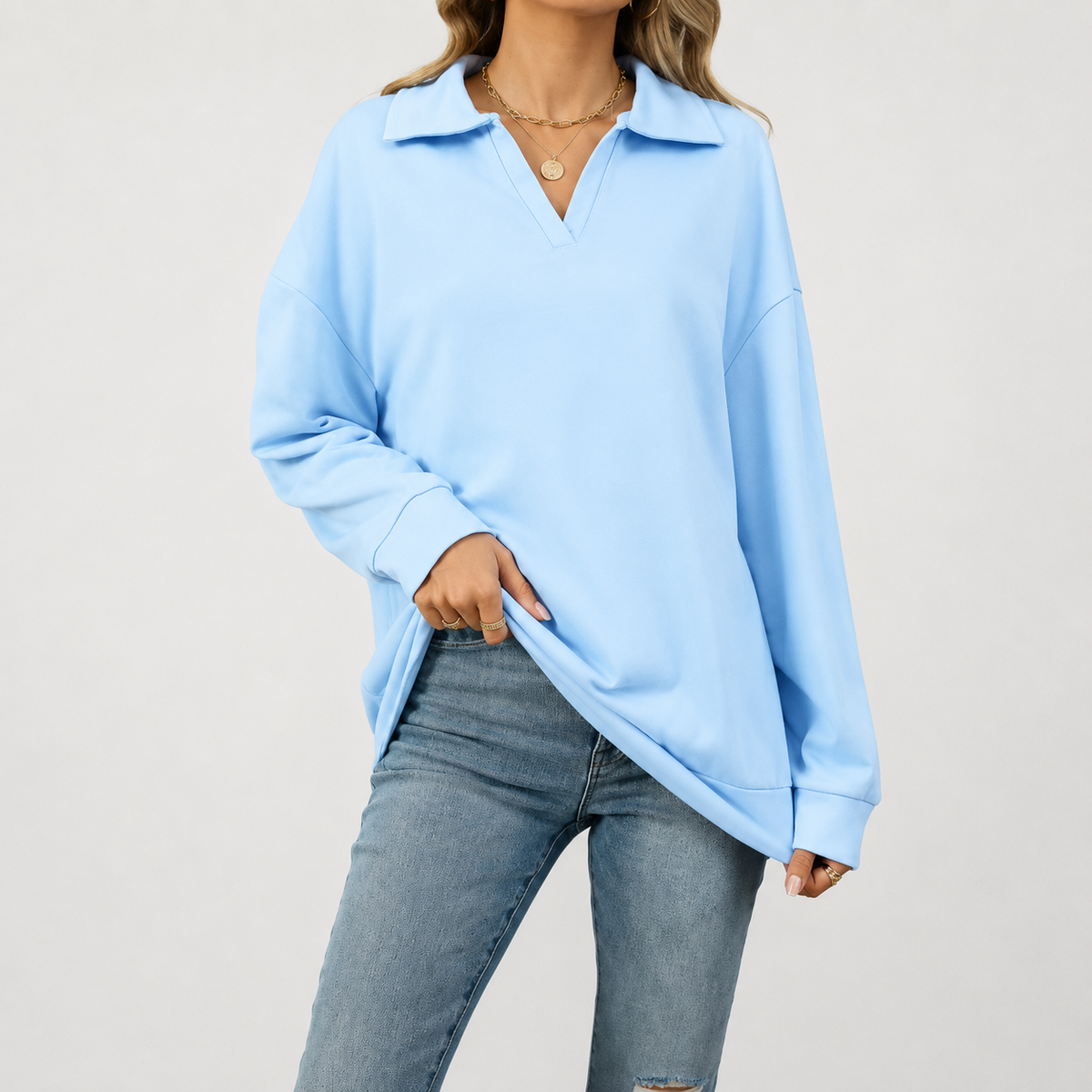 Women’s V Neck Jumper – Loose Fit Long Sleeve Pullover Top