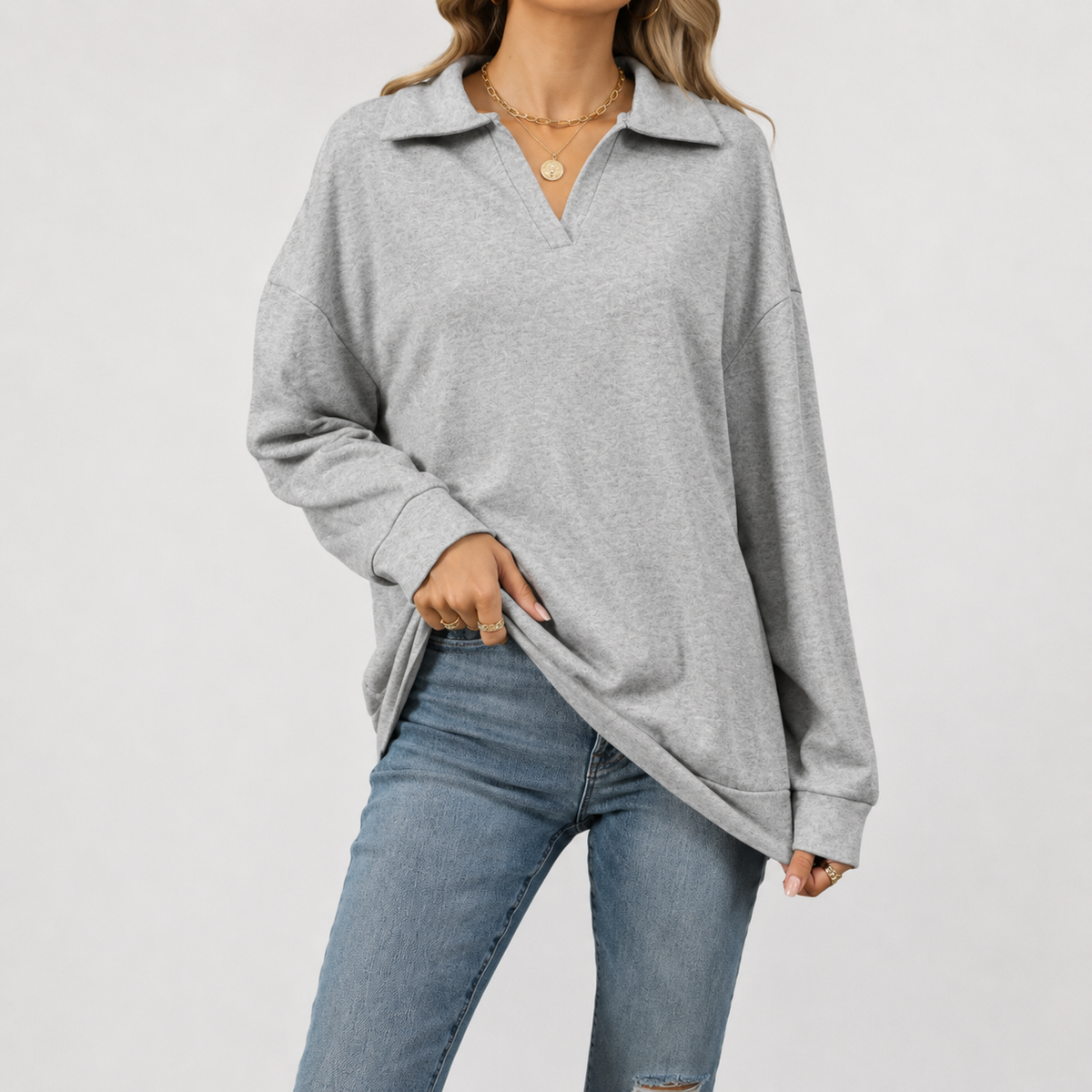 Women’s V Neck Jumper – Loose Fit Long Sleeve Pullover Top