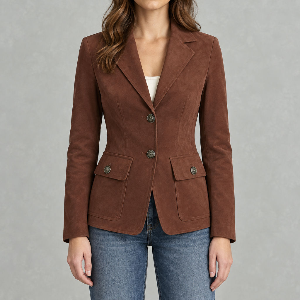 Women’s Suede Blazer – Lapel Collar Tailored Jacket with Soft Suede-Style Finish