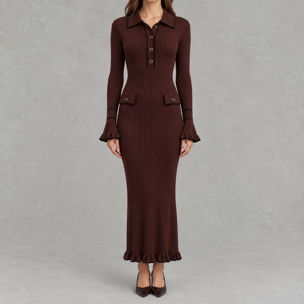 Women’s Knit Dress – French-Inspired Ruffled Midi Dress