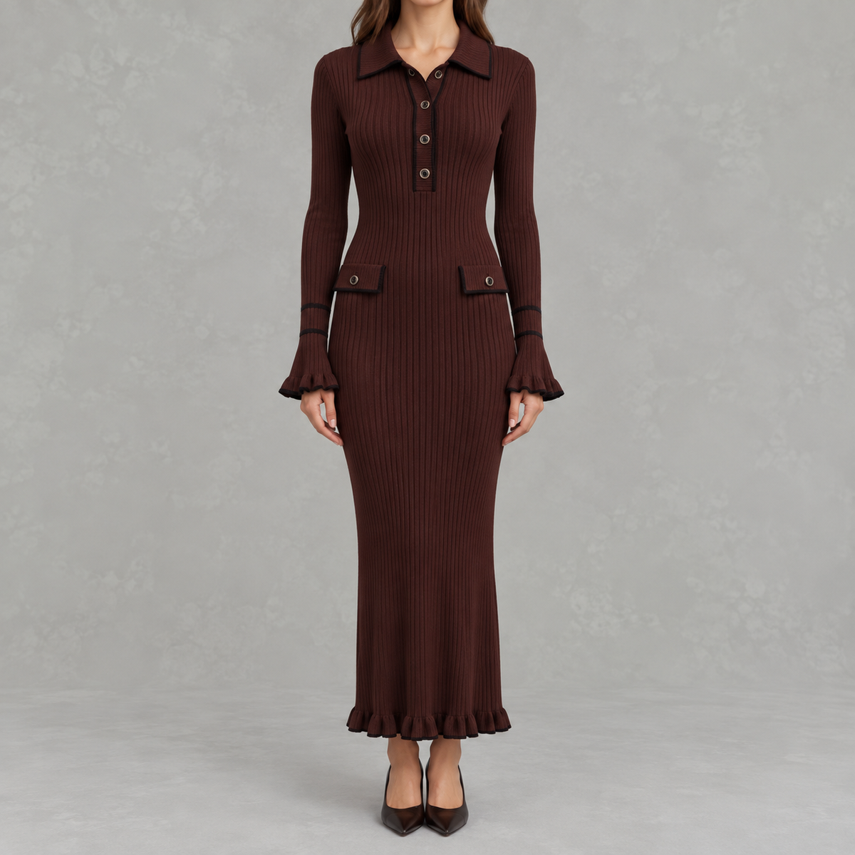Women’s Knit Dress – French-Inspired Ruffled Midi Dress