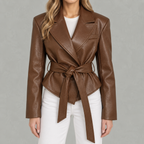 Women’s Leather Jacket – Belted Cropped Blazer with Wide Lapels