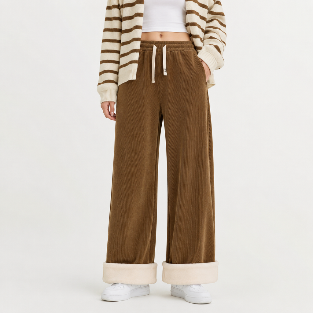 Women’s Corduroy Trousers – Fleece Lined Wide Leg Winter Trousers