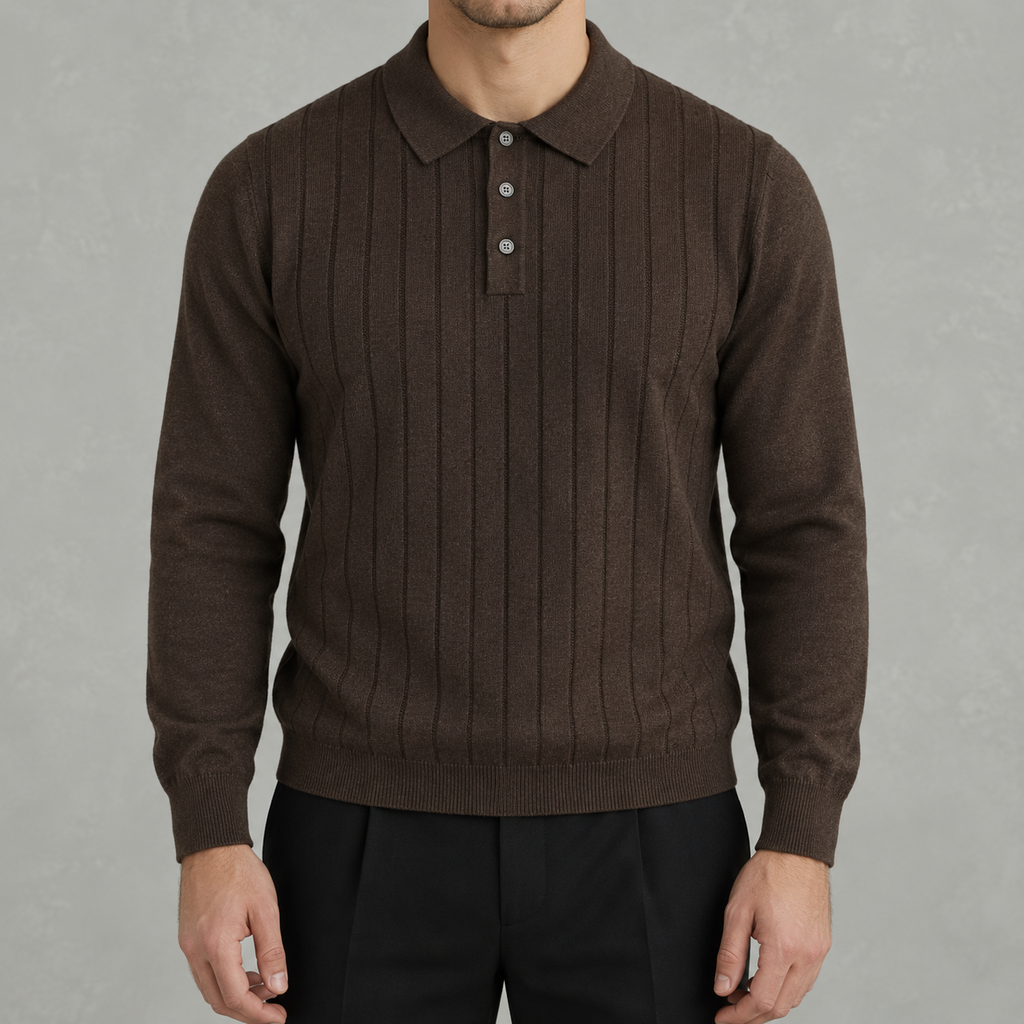 Men’s Long Sleeve Polo – Heavy Knit Long Sleeve Lapel Collar Polo