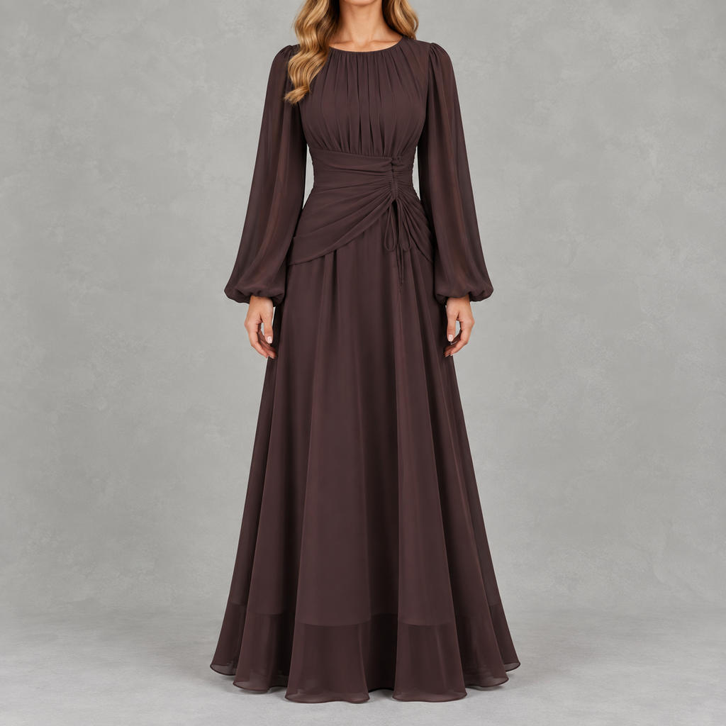 Women’s Waist-Cinching Dress – Long Sleeve Fitted Midi Dress