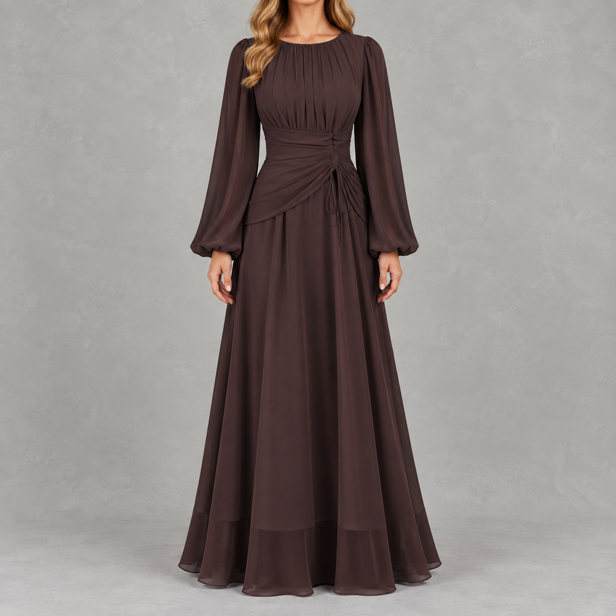 Women’s Waist-Cinching Dress – Long Sleeve Fitted Midi Dress
