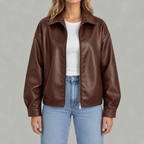 Women’s Leather Jacket – Retro Biker Lapel Jacket with Zip Fastening