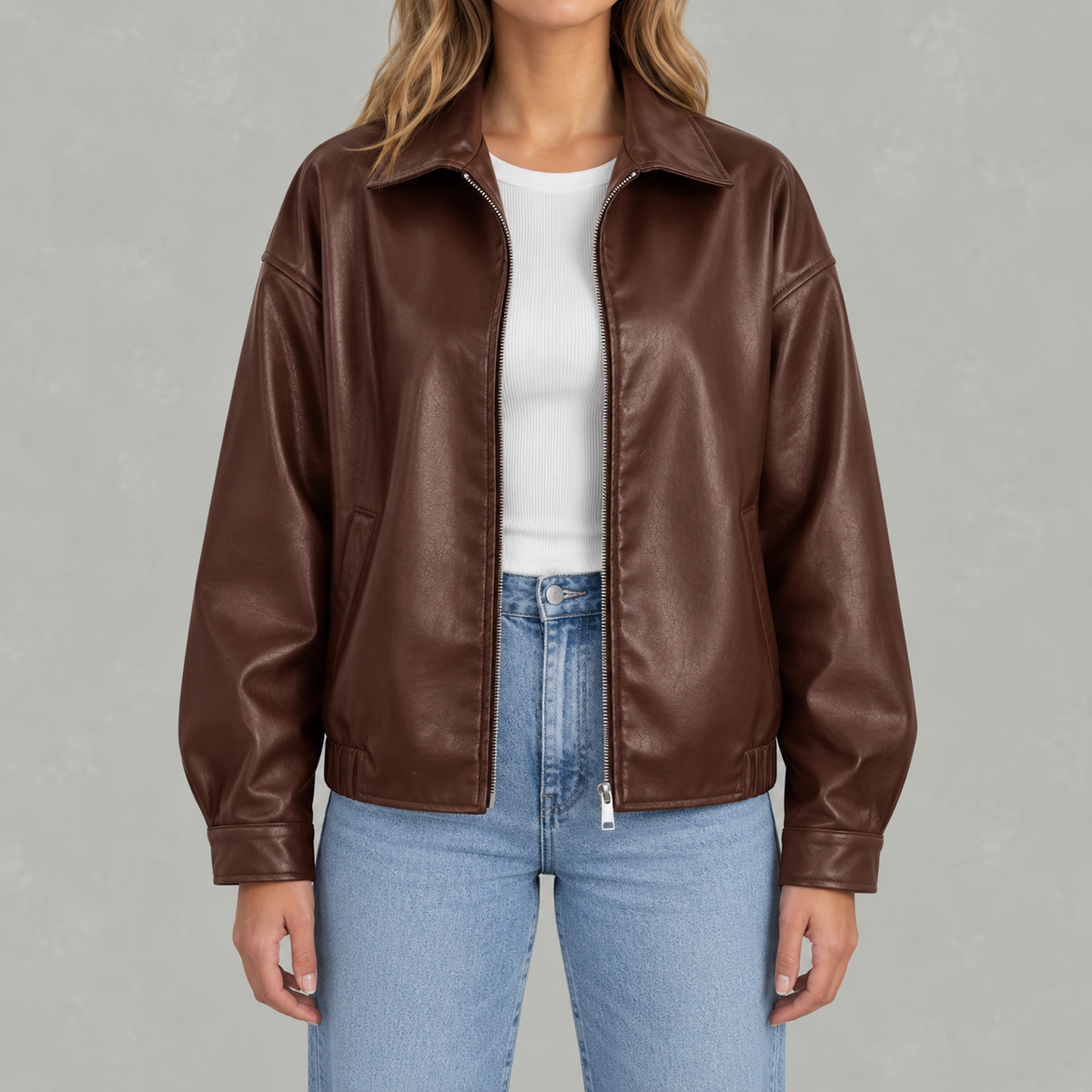 Women’s Leather Jacket – Retro Biker Lapel Jacket with Zip Fastening