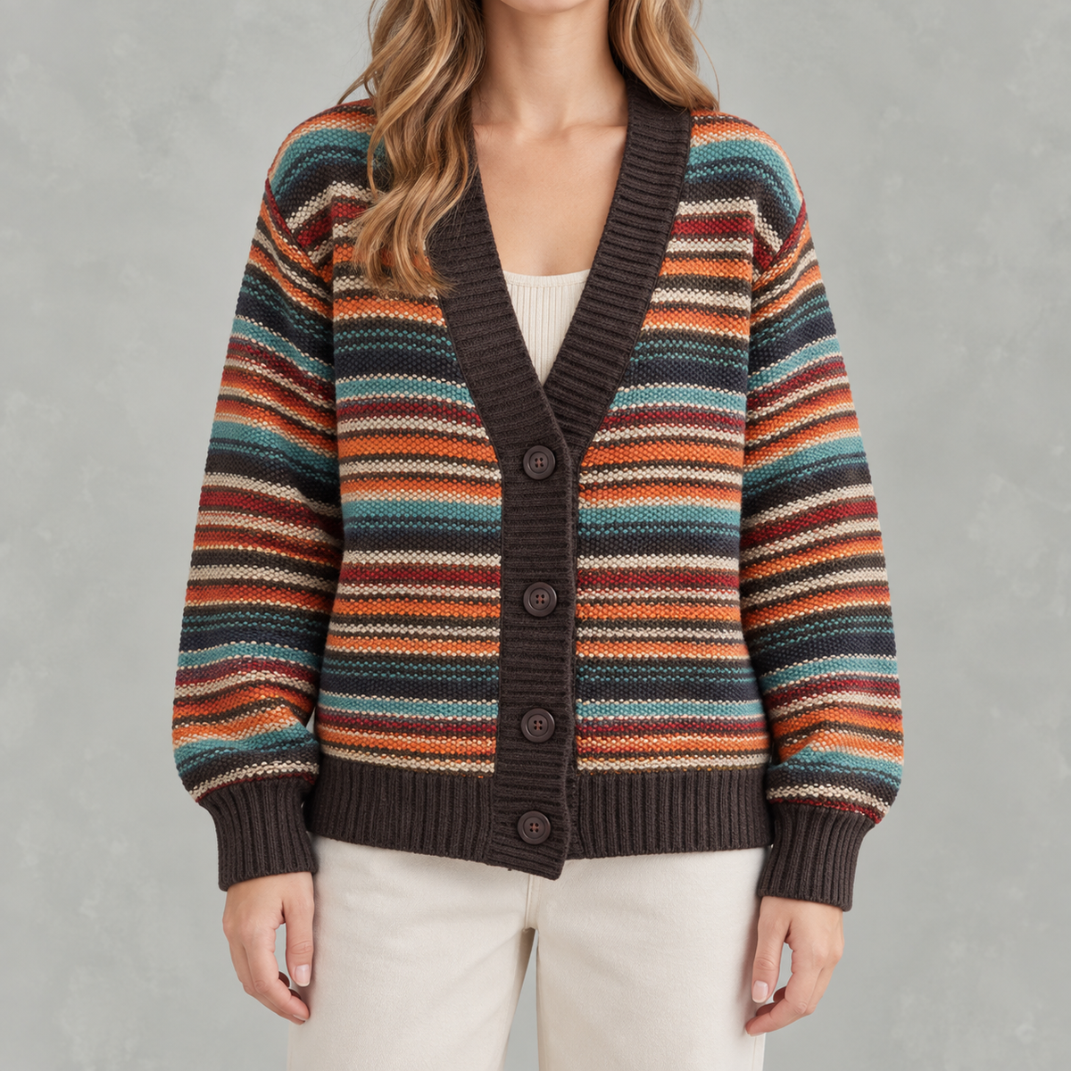 Women’s Striped Cardigan – Loose Fit V Neck Colour Block Knit Pullover