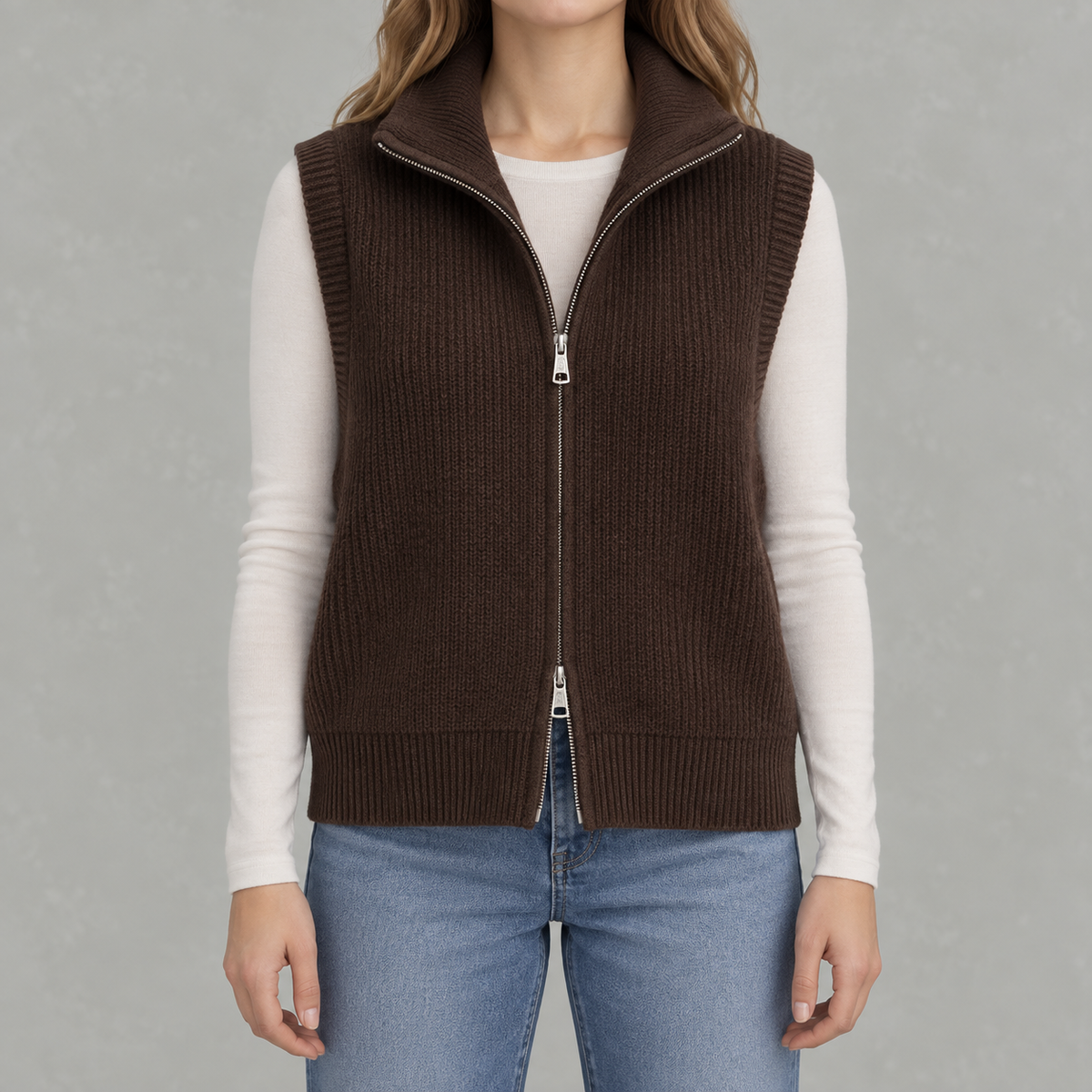 Women’s Knitted Vest – Loose Fit Full Zip Sleeveless Layering Gilet