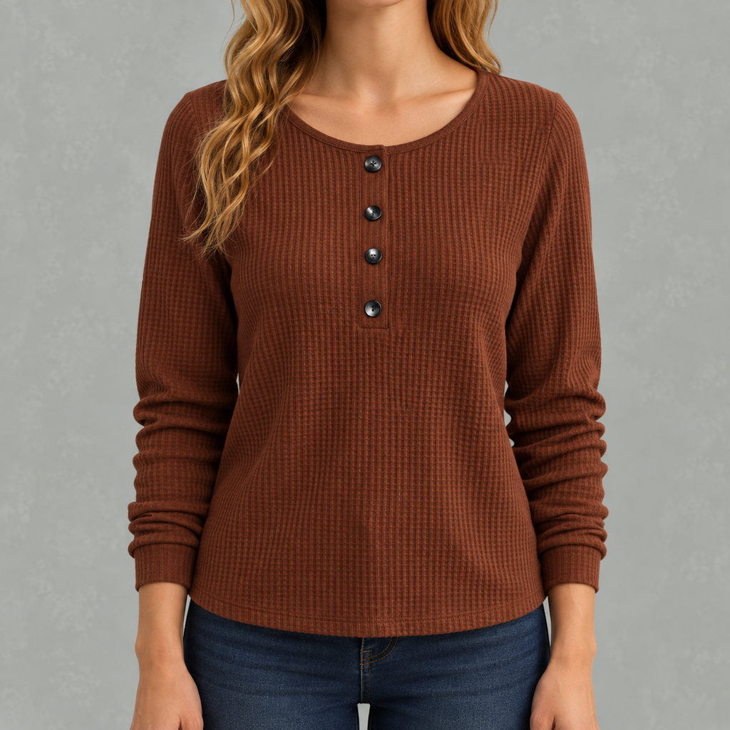 Women’s Waffle Knit Top – Relaxed Fit Crew Neck Long Sleeve Pullover