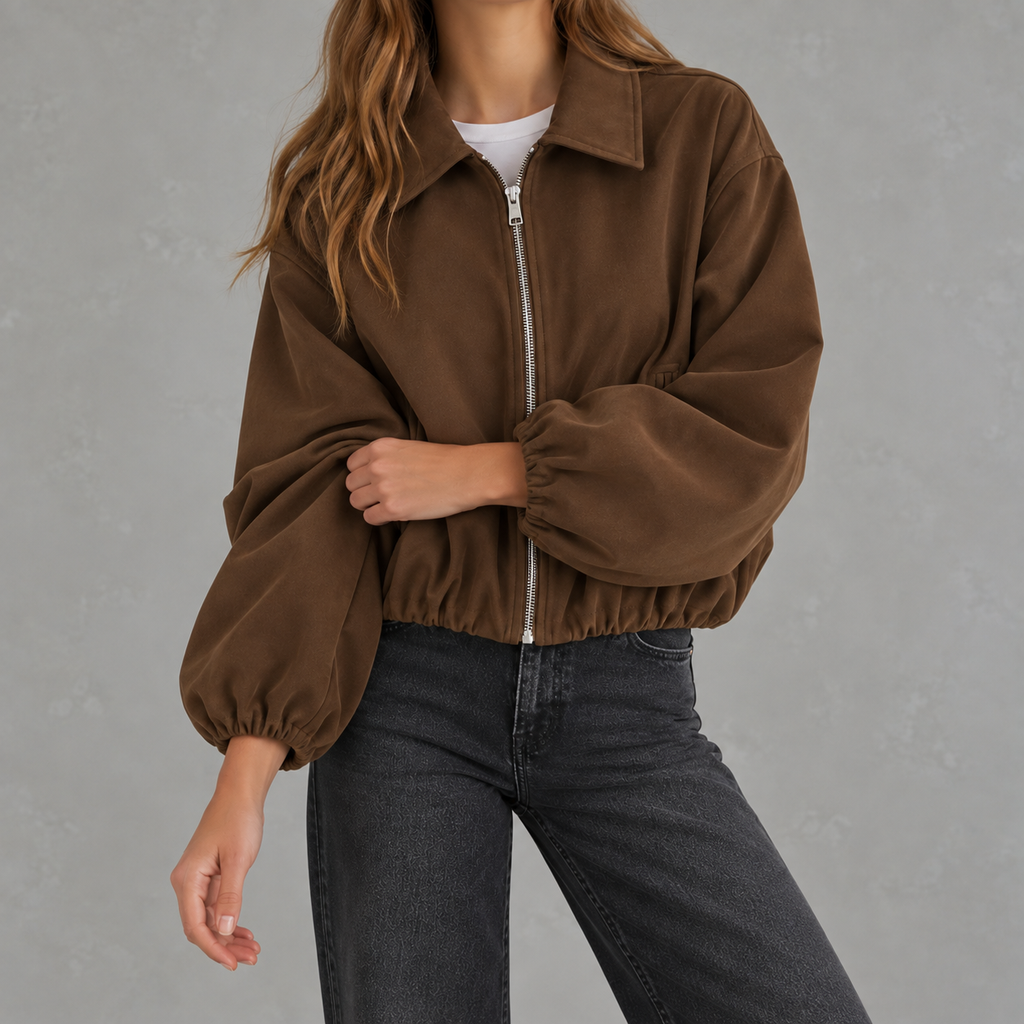 Women’s Bomber Jacket – Baseball Collar Zip Up Jacket with Ribbed Hem