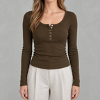 Women’s Ribbed Top – Long Sleeve Round Neck Henley Shirt with Button Placket