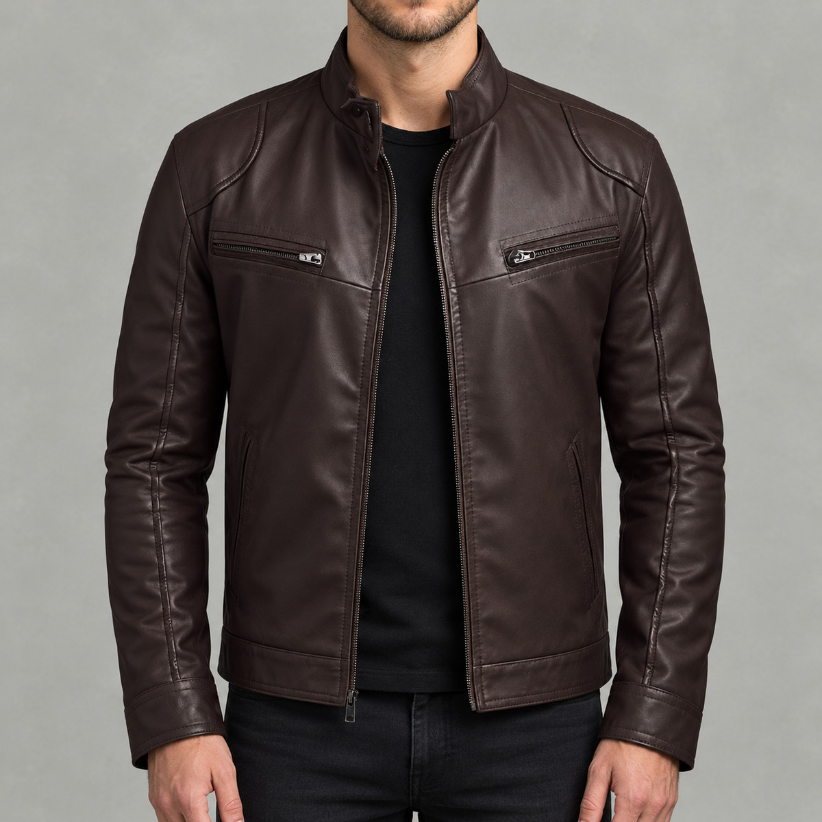 Men’s Leather Jacket – Stand Collar Motorcycle Biker Jacket