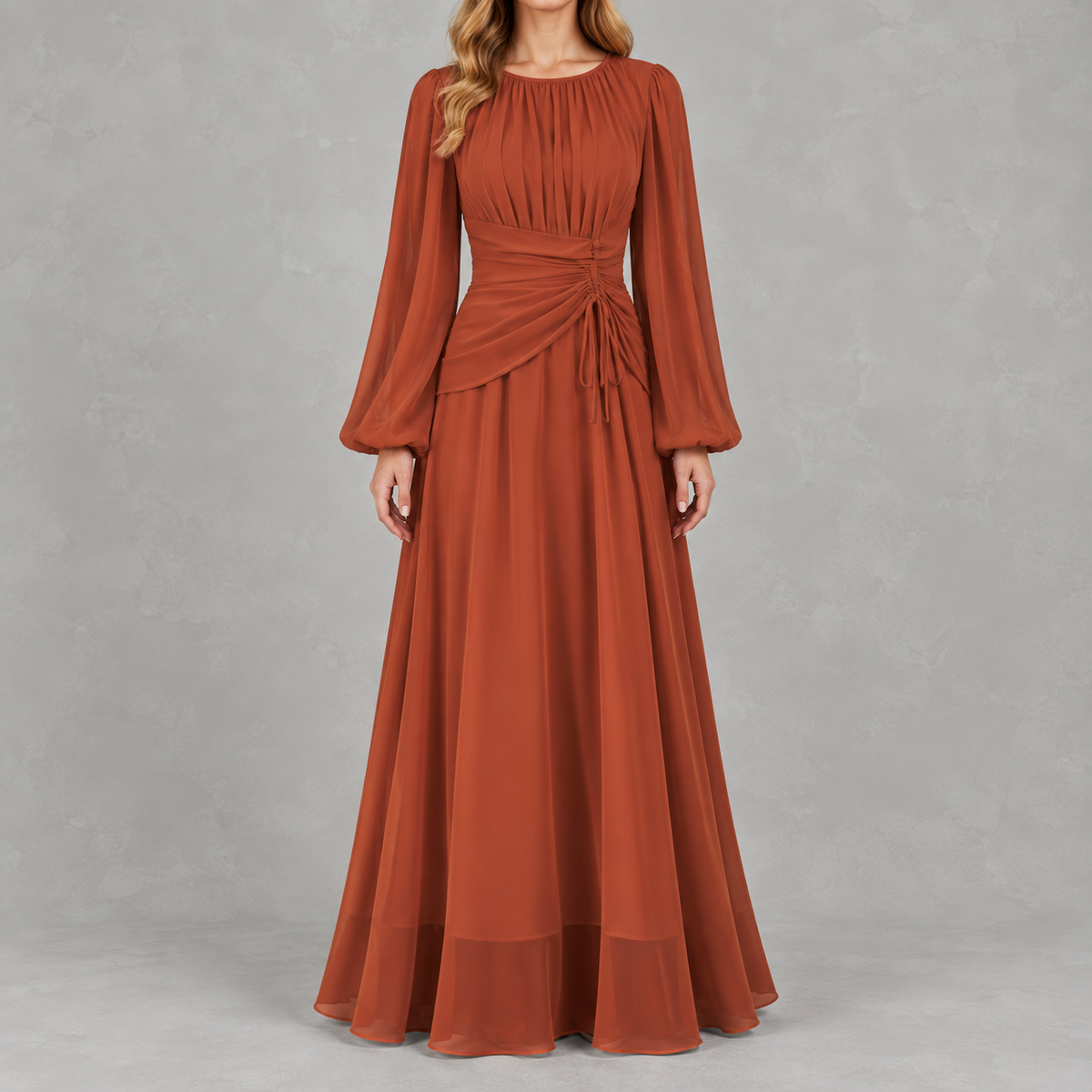 Women’s Waist-Cinching Dress – Long Sleeve Fitted Midi Dress