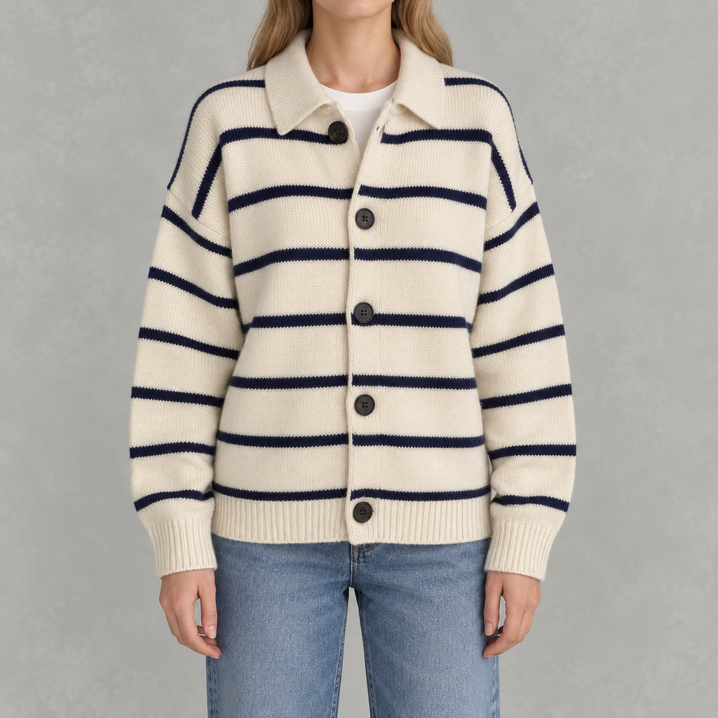 Women’s Striped Cardigan – Vintage Lapel Collar Knitted Jumper