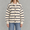 Women’s Striped Cardigan – Vintage Lapel Collar Knitted Jumper