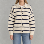 Women’s Striped Cardigan – Vintage Lapel Collar Knitted Jumper
