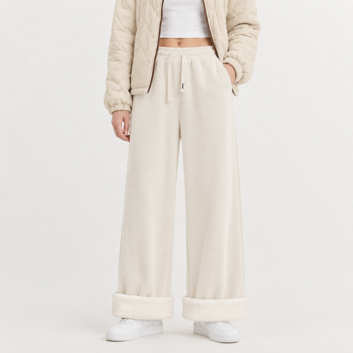 Women’s Corduroy Trousers – Fleece Lined Wide Leg Winter Trousers