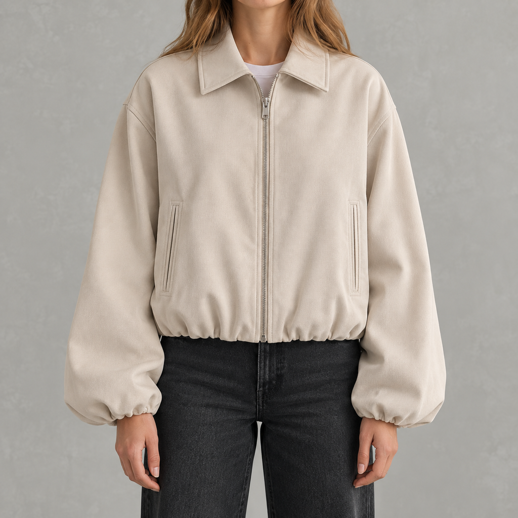 Women’s Bomber Jacket – Baseball Collar Zip Up Jacket with Ribbed Hem