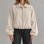 Women’s Bomber Jacket – Baseball Collar Zip Up Jacket with Ribbed Hem
