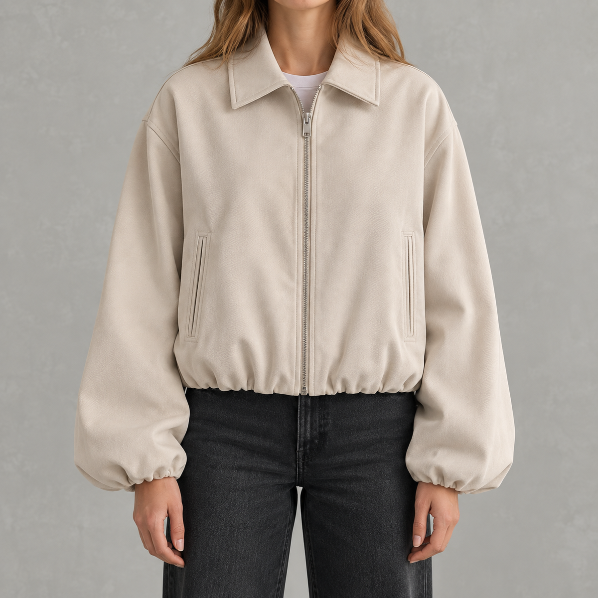 Women’s Bomber Jacket – Baseball Collar Zip Up Jacket with Ribbed Hem
